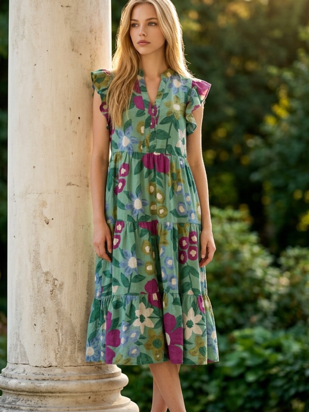 entro Green Floral Tiered Midi Dress with Purple Accents